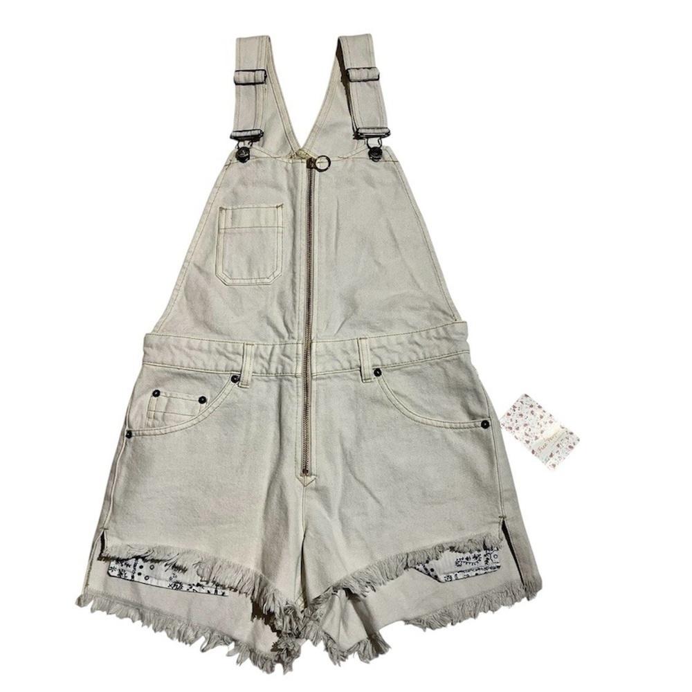 We The Free People Sunkissed Denim Short Overalls Jean Shortalls Zip Up